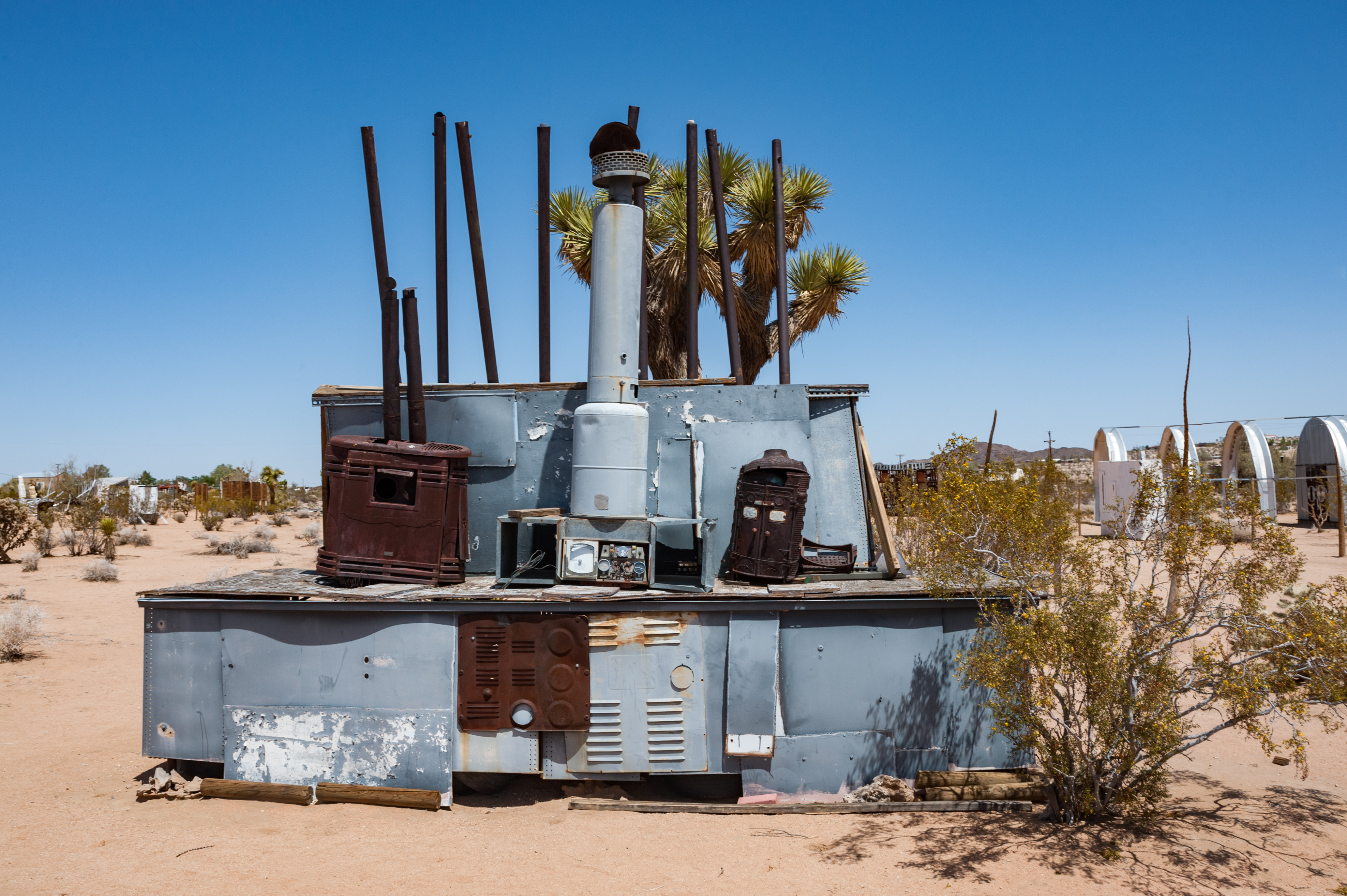 Joshua Tree, California, USA - 28th April, 2013: Noah Purifoy's Outdoor Desert Art Museum of Assemblage Sculpture created in the high desert of Joshua Tree